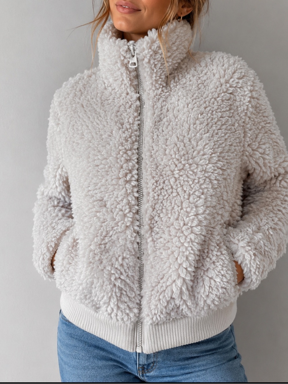ZARA Sherpa Fleece Jacket Cream Full Zip Teddy Coat Women’s S